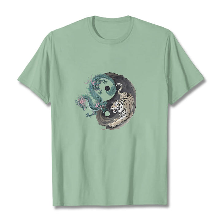 Maglietta in cotone con Buddha Stones, tigre, drago, Yin e Yang - Verde pallido - 2XL - image 15
