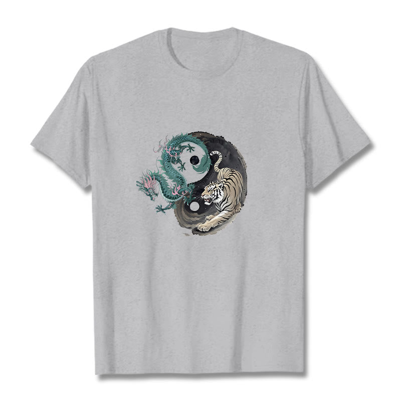 Maglietta in cotone con Buddha Stones, tigre, drago, Yin e Yang - Grigio chiaro - 2XL - image 0