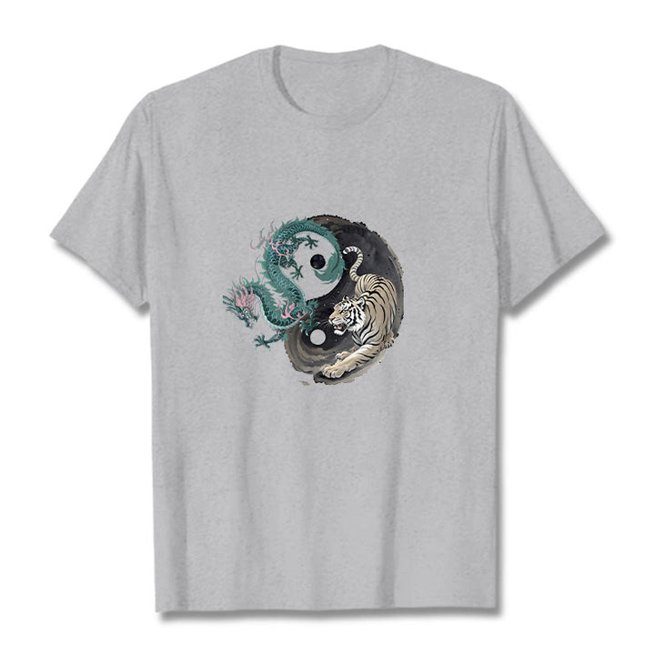 Maglietta in cotone con Buddha Stones, tigre, drago, Yin e Yang - Grigio chiaro - 2XL - image 1