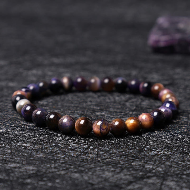 Bracciale della calma con vari cristalli di pietra di Buddha, malachite, lazurite, lapislazzuli, emimorfite - Occhio di tigre viola (circonferenza del polso: 14-16 cm) - image 119