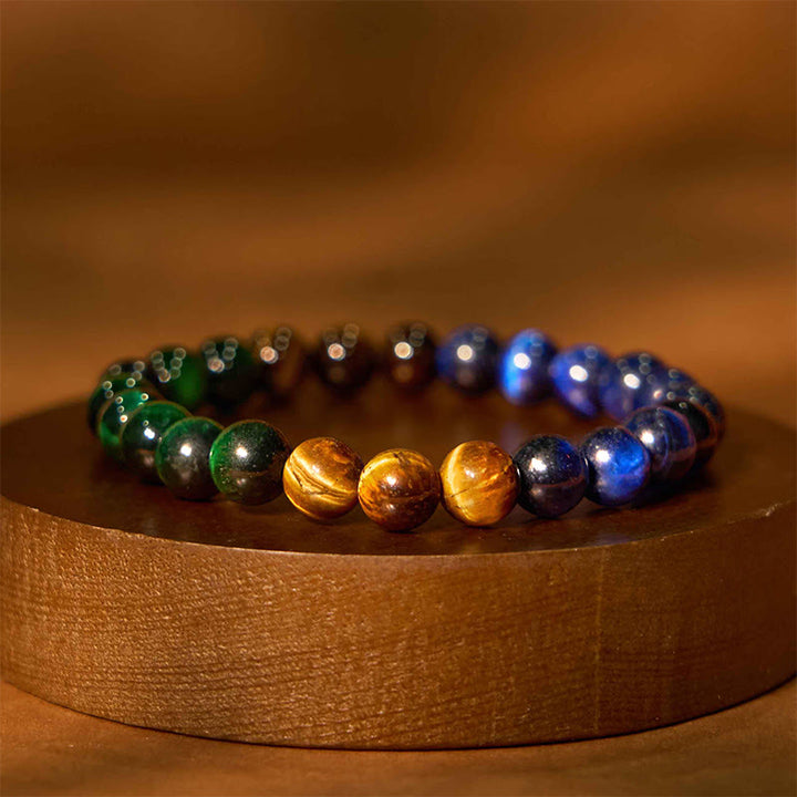 Bracciale della calma con vari cristalli di pietra di Buddha, malachite, lazurite, lapislazzuli, emimorfite - Occhio di tigre giallo, blu e verde (circonferenza del polso: 14-16 cm) - image 135