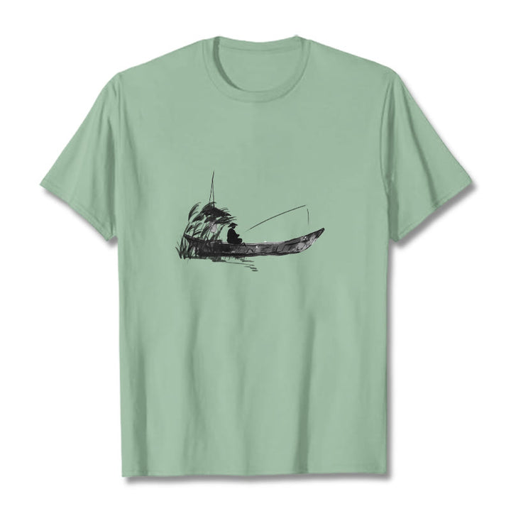 Maglietta in cotone con motivo a erba e barca da pesca Buddha Stones - Verde pallido - 2XL - image 16