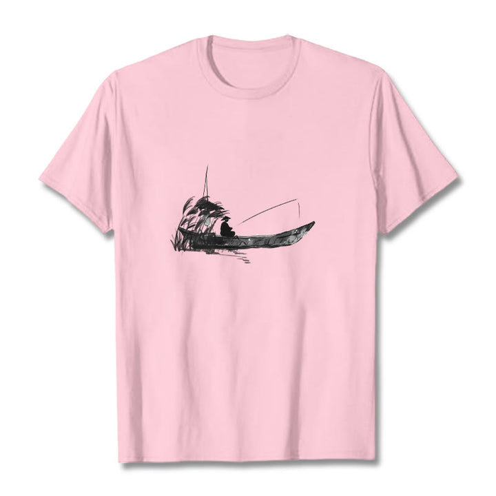 Maglietta in cotone con motivo a erba e barca da pesca Buddha Stones - Rosa chiaro - 2XL - image 19