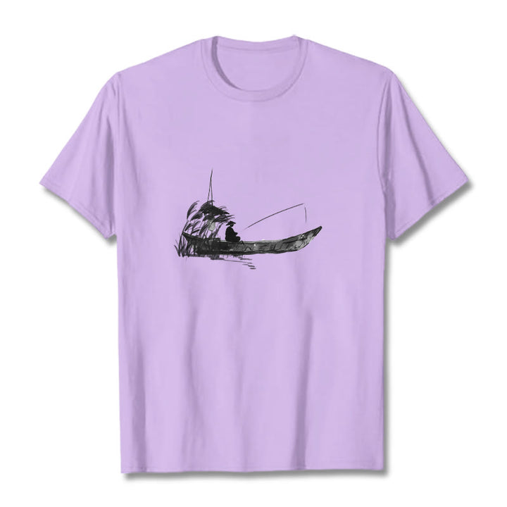 Maglietta in cotone con motivo a erba e barca da pesca Buddha Stones - Prugna - 2XL - image 10