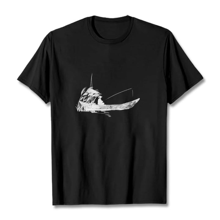Maglietta in cotone con motivo a erba e barca da pesca Buddha Stones - Nero - 2XL - image 11