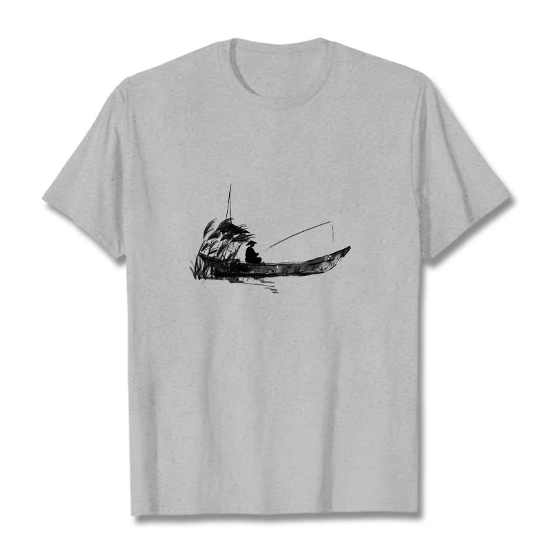 Maglietta in cotone con motivo a erba e barca da pesca Buddha Stones - Grigio chiaro - 2XL - image 0