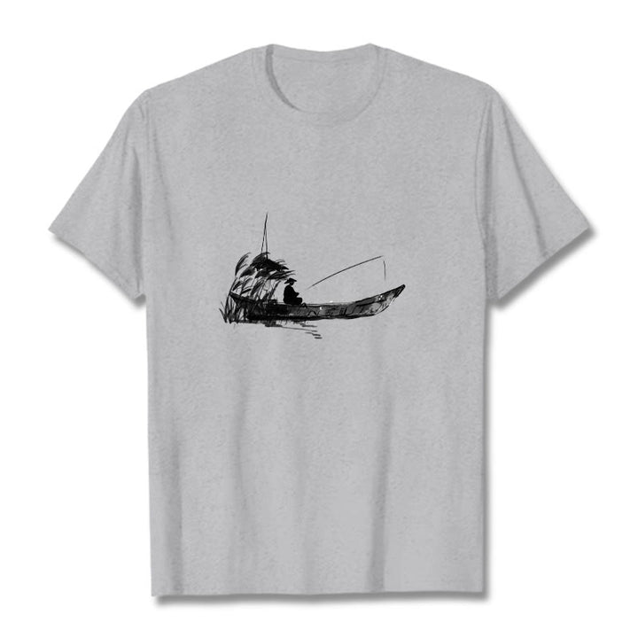 Maglietta in cotone con motivo a erba e barca da pesca Buddha Stones - Grigio chiaro - 2XL - image 0