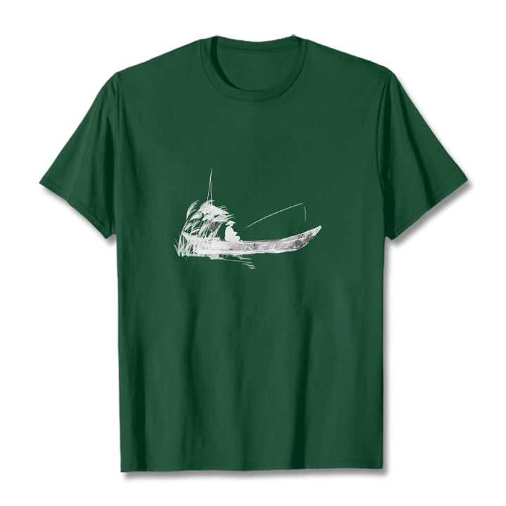 Maglietta in cotone con motivo a erba e barca da pesca Buddha Stones - Verde foresta - 2XL - image 3