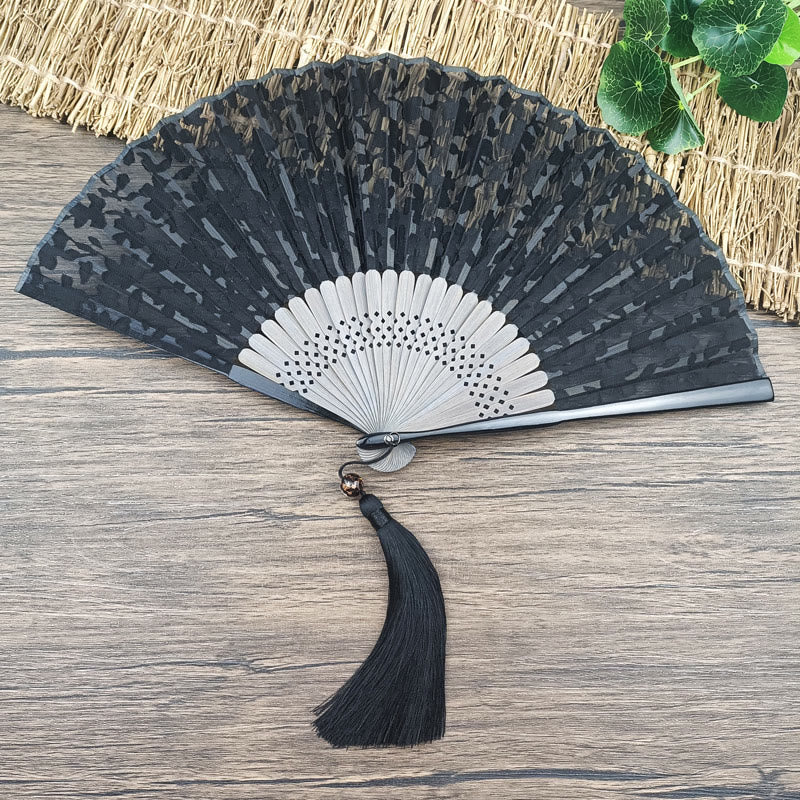 Ventaglio pieghevole in bambù con Buddha Stones e fiori di seta, da tenere in mano
