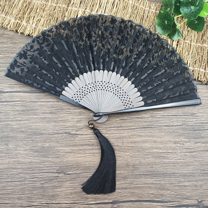 Ventaglio pieghevole in bambù con Buddha Stones e fiori di seta, da tenere in mano