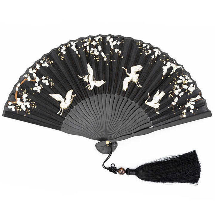 Ventaglio pieghevole in bambù con fiori di prugna Buddha Stones, in seta e a mano