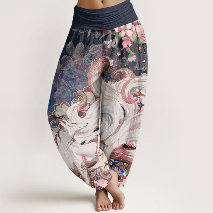 Pantaloni harem elastici in vita da donna Buddha Stones Fox Cherry Blossoms - Blu notte - US22, UK/AU26, EU54 (6XL) - image 0