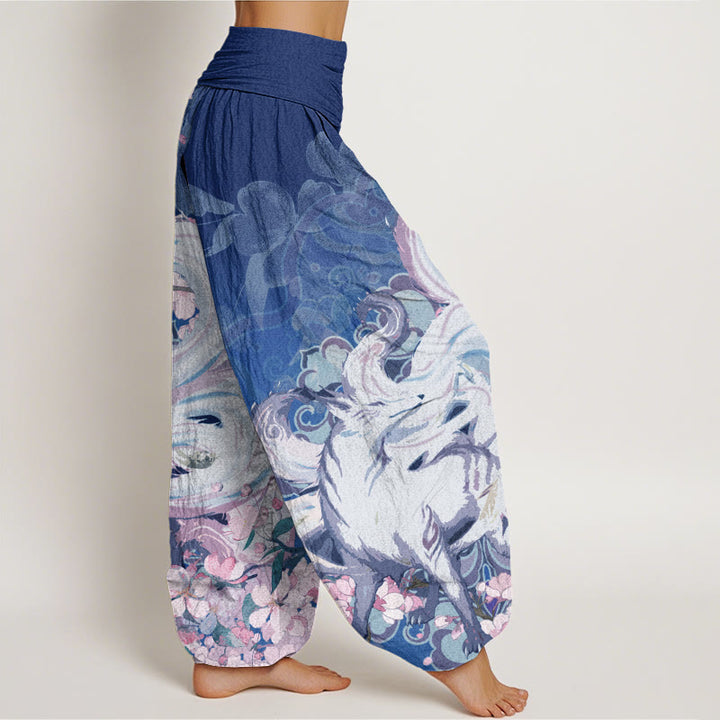 Pantaloni harem da donna con elastico in vita, in cotone e volpe, con fiori di ciliegio , Buddha Stones - image 8