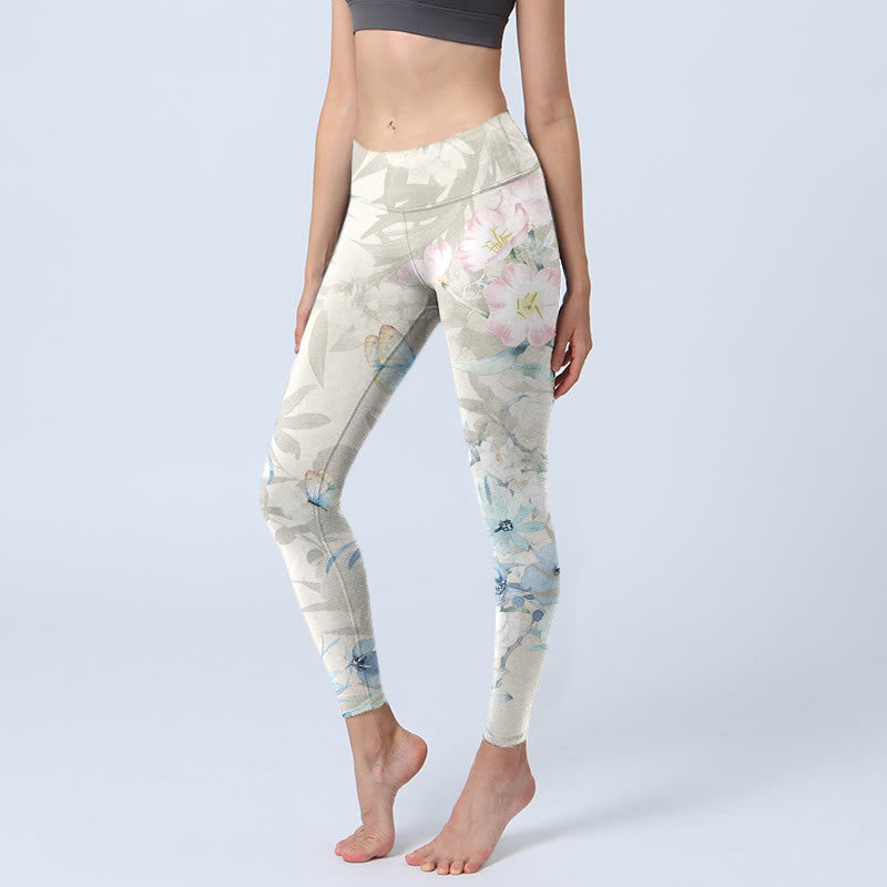 Leggings da palestra con stampa di farfalle in fiore di ciliegio Buddha Stones, pantaloni da yoga da donna - Beige - US18, UK/AU22, EU50 (4XL) - image 1