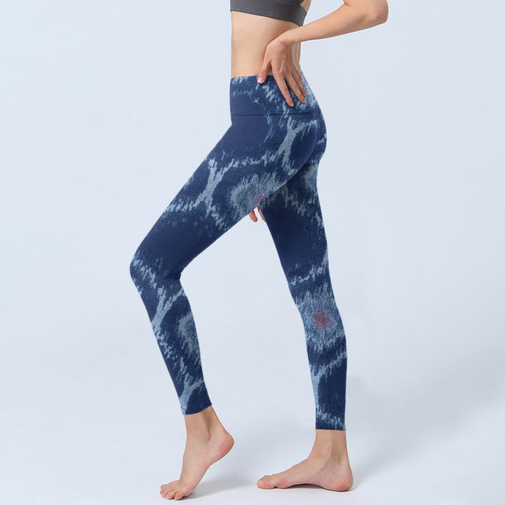Leggings da palestra Buddha Stones blu navy e bianco con design da donna, pantaloni da yoga - image 3