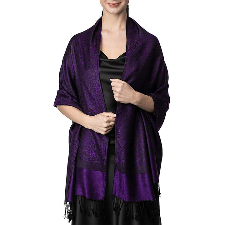 Sciarpa/stola con nappe in jacquard di anacardi tibetani e Buddha Stones, calda e accogliente, ideale per primavera, autunno e inverno. - Viola 180*70cm - image 36