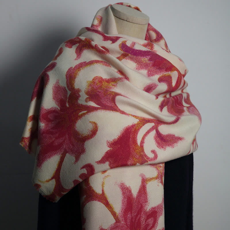 Scialle con stampa floreale rosso tibetano Buddha Stones, autunno inverno, morbido e caldo - Beige Rosso 192*65cm - image 0