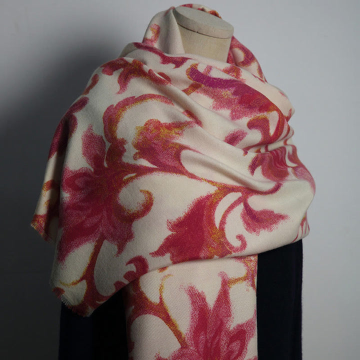 Scialle con stampa floreale rosso tibetano Buddha Stones, autunno inverno, morbido e caldo - Beige Rosso 192*65cm - image 0