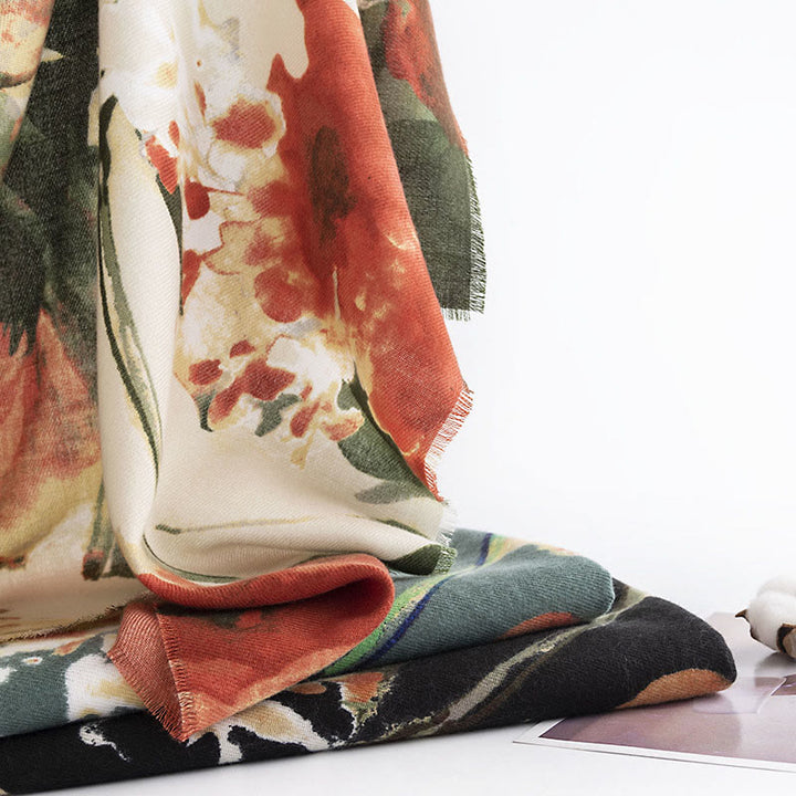 Scialle con stampa floreale, stile cinese retrò, con pittura a inchiostro, stile Buddha Stones , autunno inverno, caldo e accogliente