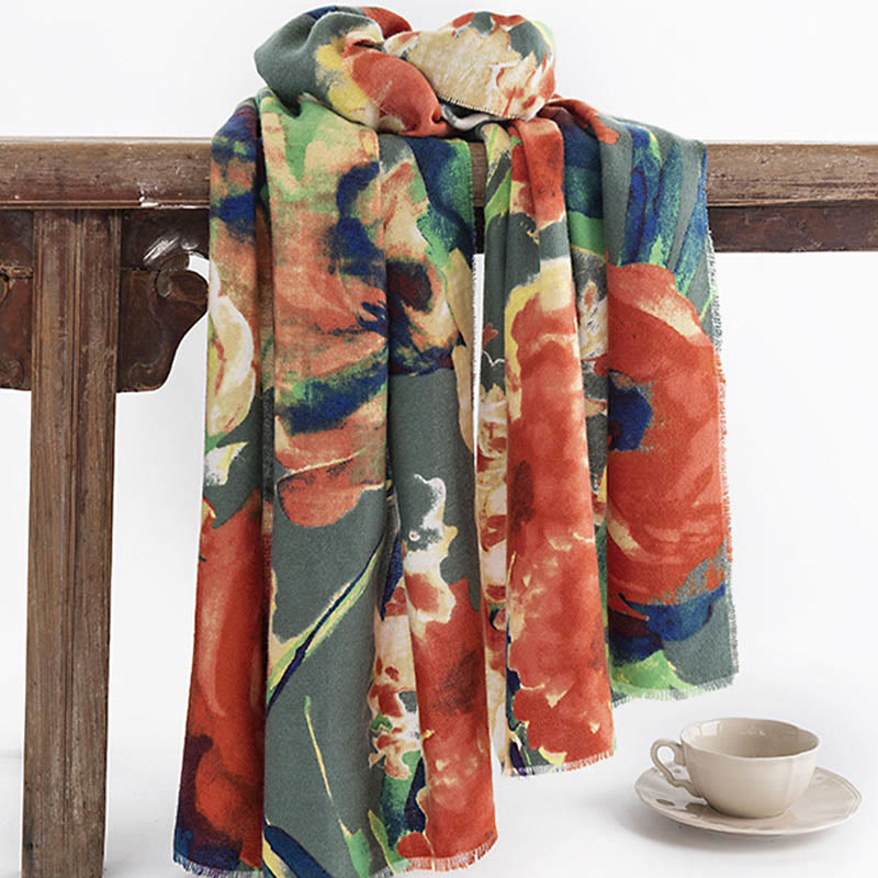 Scialle con stampa floreale, stile cinese retrò, con pittura a inchiostro, stile Buddha Stones , autunno inverno, caldo e accogliente