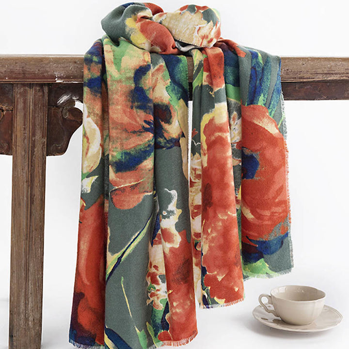 Scialle con stampa floreale, stile cinese retrò, con pittura a inchiostro, stile Buddha Stones , autunno inverno, caldo e accogliente