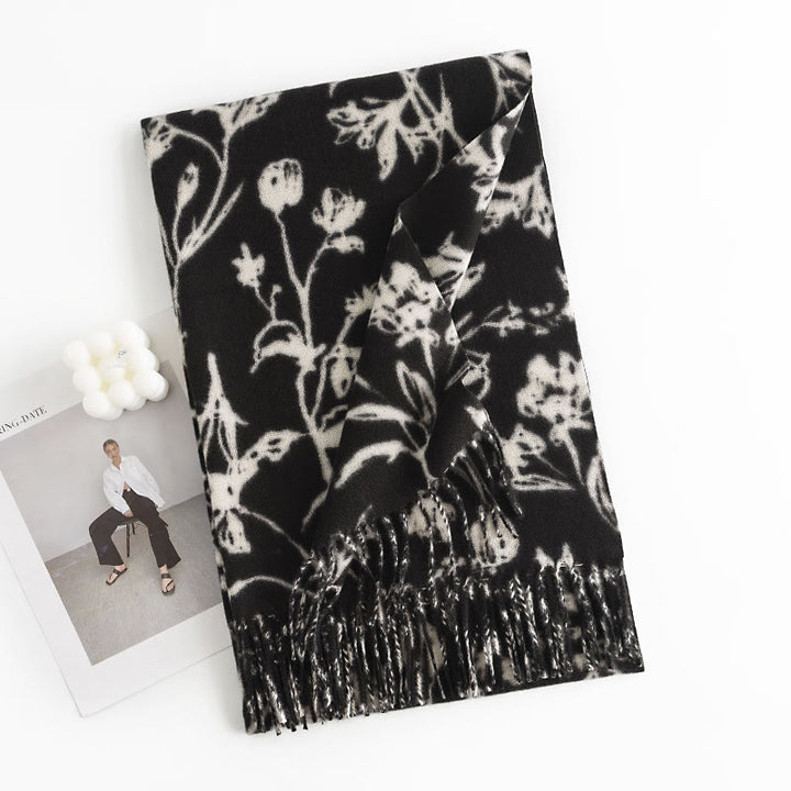 Scialle tibetano Buddha Stones, fiori in fiore, rami, stampa nappe, autunno inverno, sciarpa calda e accogliente - Fiore nero rivolto verso l'alto 180*65cm - image 3