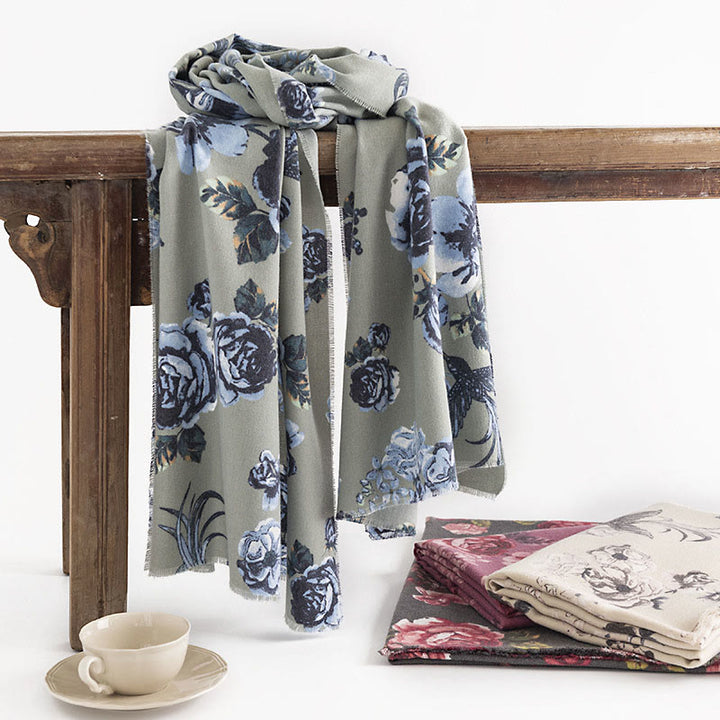 Scialle tibetano Buddha Stones, stile giardino, stampa floreale di rose, autunno inverno, morbido e caldo, sciarpa avvolgente - Verde pallido 180*65cm - image 0