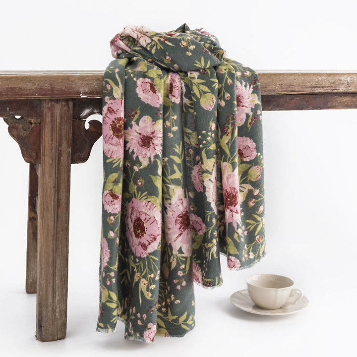Scialle tibetano con Buddha Stones, fiori che sbocciano, foglie rigogliose, stampa autunnale, invernale, morbido e caldo