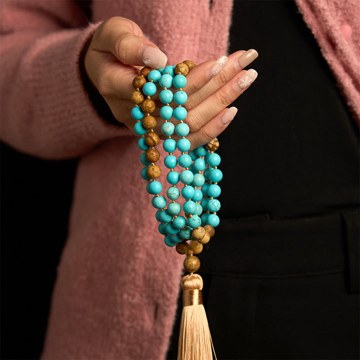 Buddha Stones 108 Mala Beads Turchese Picture Jasper Bead Tassel Braccialetto di equilibrio