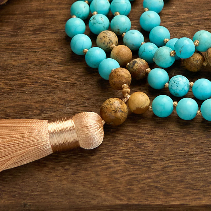 Buddha Stones 108 Mala Beads Turchese Picture Jasper Bead Tassel Braccialetto di equilibrio