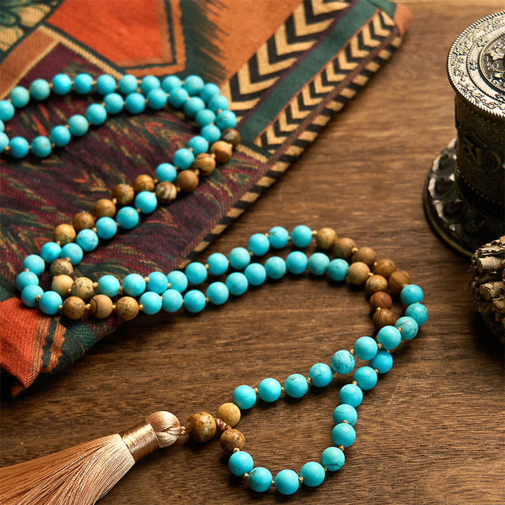 Buddha Stones 108 Mala Beads Turchese Picture Jasper Bead Tassel Braccialetto di equilibrio