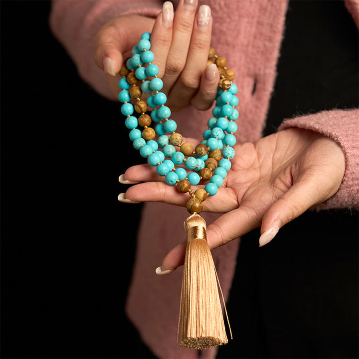 Buddha Stones 108 Mala Beads Turchese Picture Jasper Bead Tassel Braccialetto di equilibrio