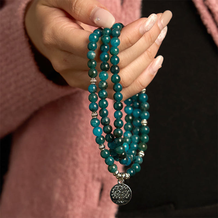 Buddha Stones 108 Mala Perline di Apatite Perline Om Albero della Vita Braccialetto Loto - image 7