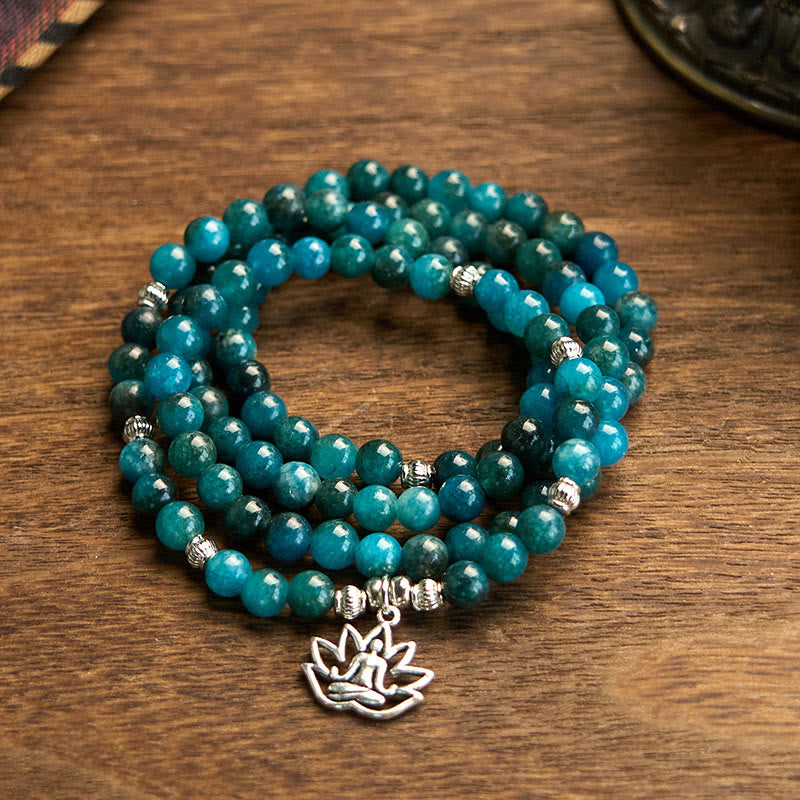 Buddha Stones 108 Mala Perline di Apatite Perline Om Albero della Vita Braccialetto Loto - Apatite-Loto - image 11