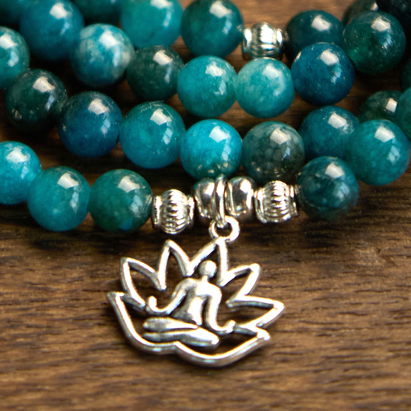 Buddha Stones 108 Mala Perline di Apatite Perline Om Albero della Vita Braccialetto Loto - image 15