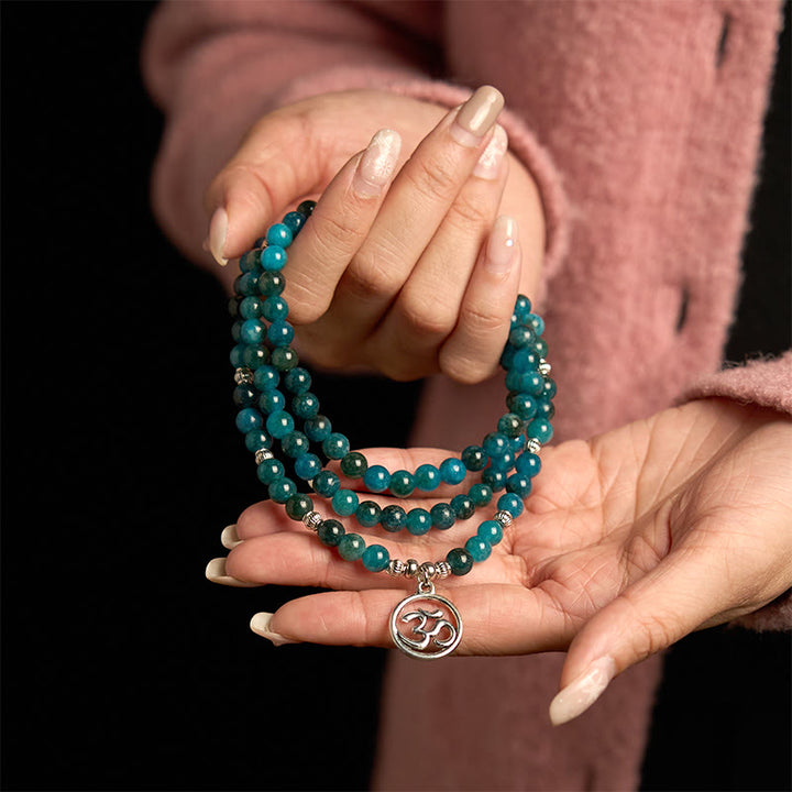 Buddha Stones 108 Mala Perline di Apatite Perline Om Albero della Vita Braccialetto Loto - image 2
