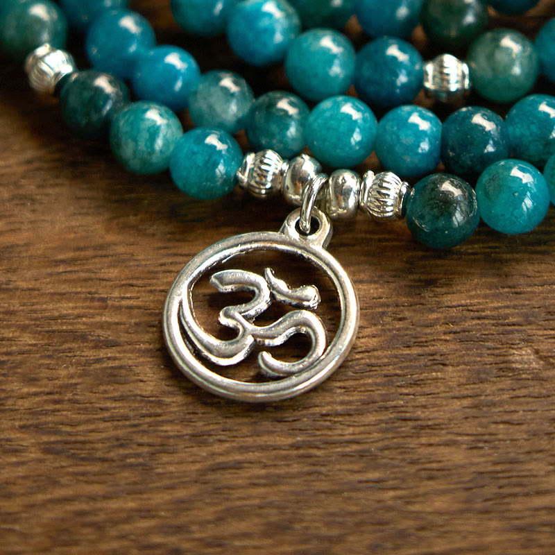 Buddha Stones 108 Mala Perline di Apatite Perline Om Albero della Vita Braccialetto Loto - image 3