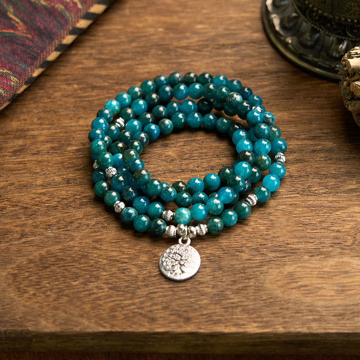 Buddha Stones 108 Mala Beads Apatite Bead Om L'albero della vita Bracciale Buddha di loto