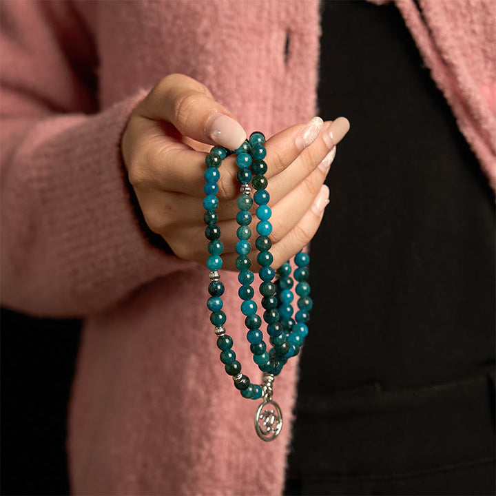 Buddha Stones 108 Mala Perline di Apatite Perline Om Albero della Vita Braccialetto Loto - image 1