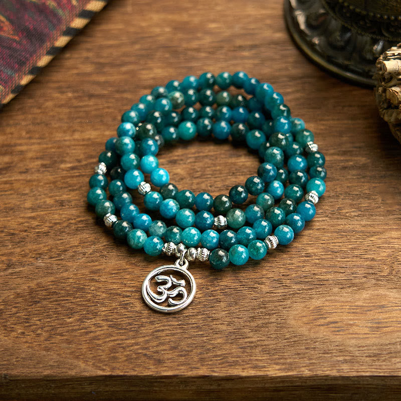 Buddha Stones 108 Mala Perline di Apatite Perline Om Albero della Vita Braccialetto Loto - Apatite-OM - image 0