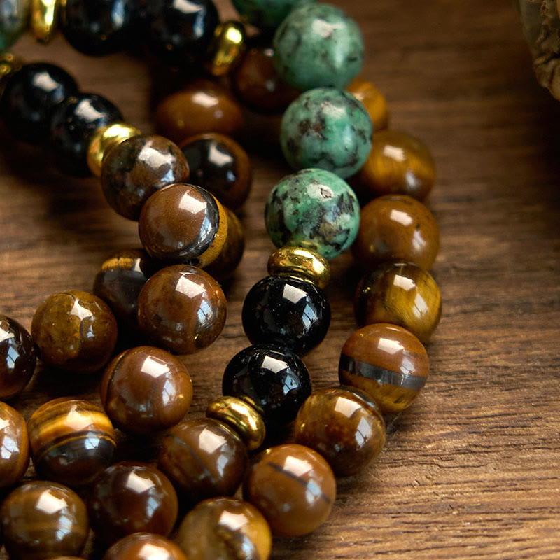 Buddha Stones 108 Mala Pietra Naturale Occhio di Tigre Perline Turchesi Nappa Braccialetto di Protezione