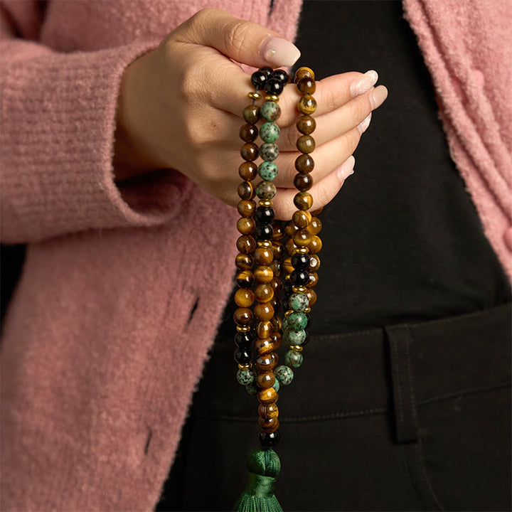 Buddha Stones 108 Mala Pietra Naturale Occhio di Tigre Perline Turchesi Nappa Braccialetto di Protezione