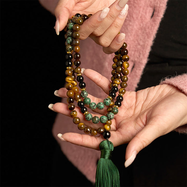 Buddha Stones 108 Mala Pietra Naturale Occhio di Tigre Perline Turchesi Nappa Braccialetto di Protezione