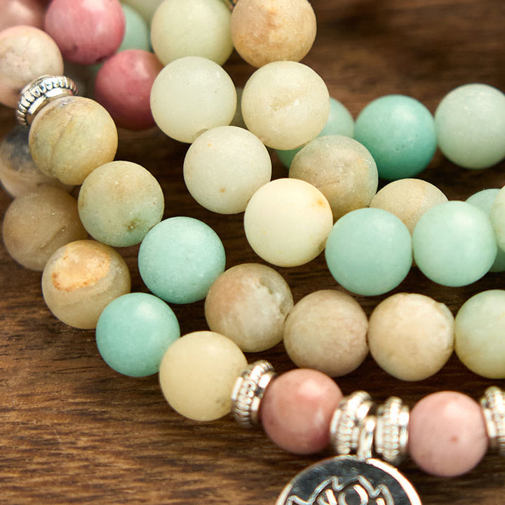 Buddha Stones 108 Mala Rhodonite Amazzonite Perline Braccialetto Compassione Loto