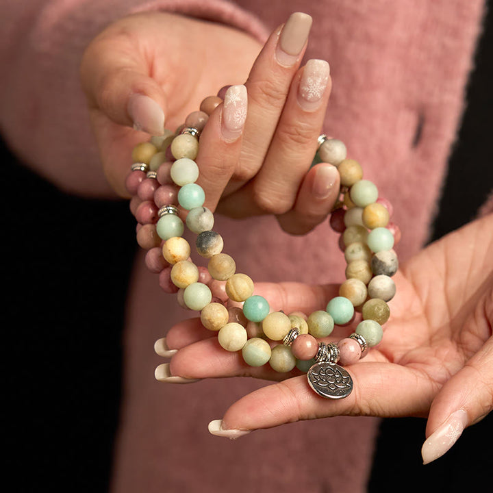 Buddha Stones 108 Mala Rhodonite Amazzonite Perline Braccialetto Compassione Loto