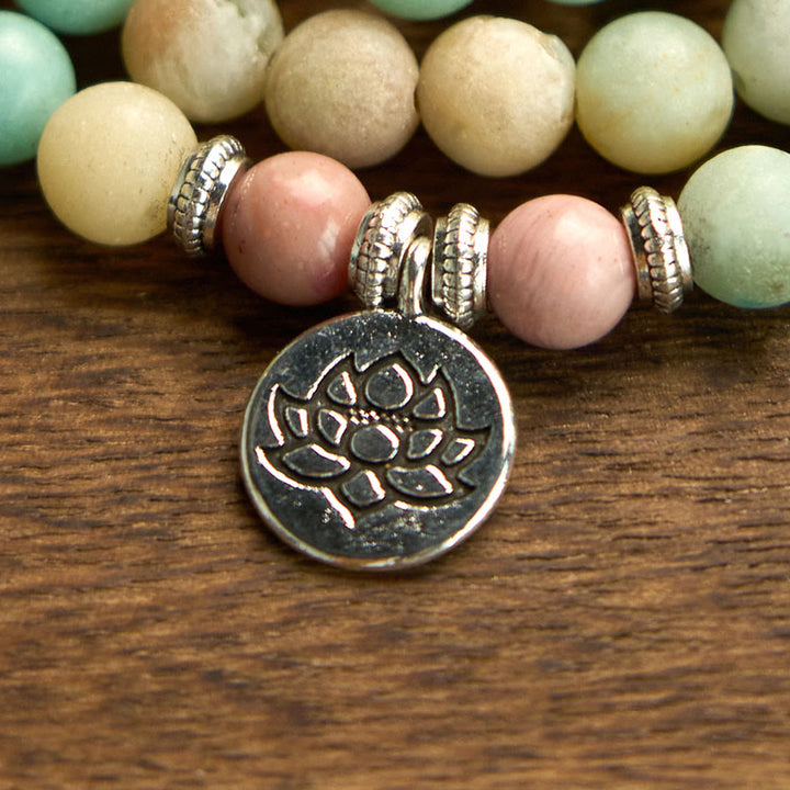 Buddha Stones 108 Mala Rhodonite Amazzonite Perline Braccialetto Compassione Loto