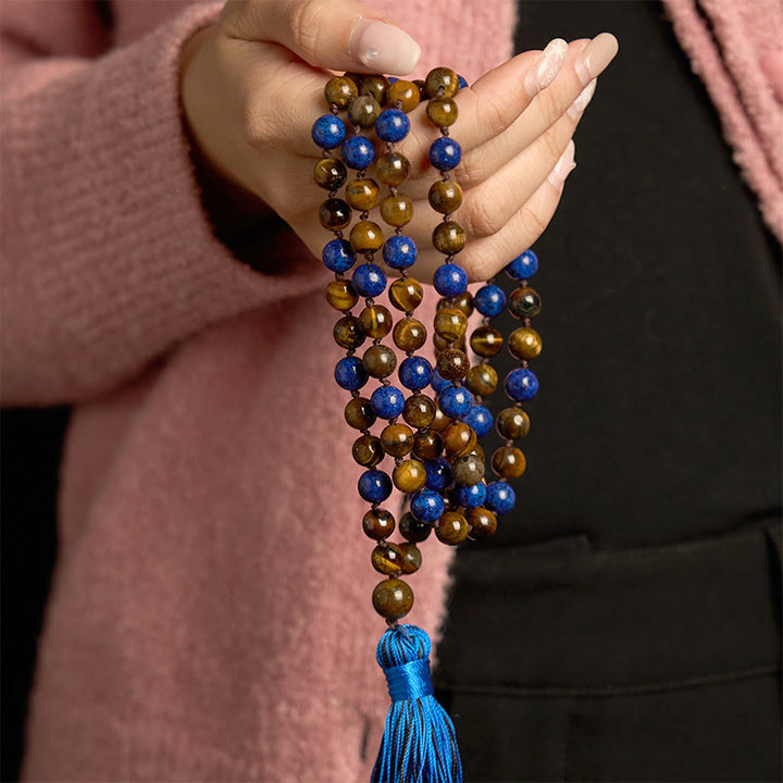 Buddha Stones 108 Perle Pietra Naturale Occhio di Tigre Lazurite Mala Nappa Braccialetto di Protezione