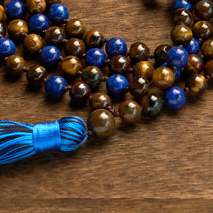 Braccialetto di protezione Mala con nappa in pietra naturale con 108 perle Buddha Stones, occhio di tigre, lazurite e lapislazzuli - image 5