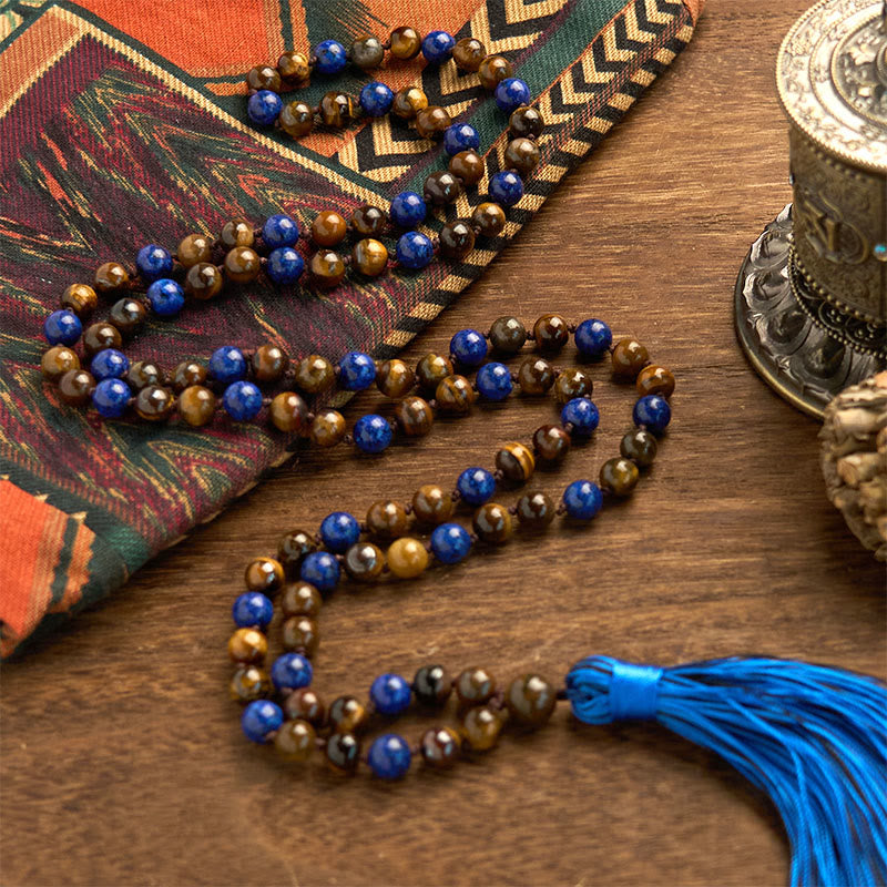 Buddha Stones 108 Perle Pietra Naturale Occhio di Tigre Lazurite Mala Nappa Braccialetto di Protezione