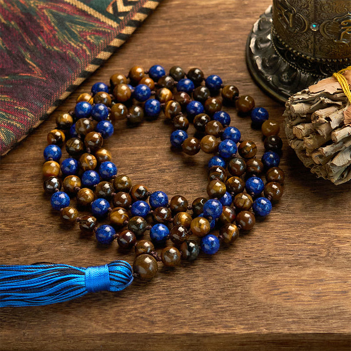 Buddha Stones 108 Perle Pietra Naturale Occhio di Tigre Lazurite Mala Nappa Braccialetto di Protezione